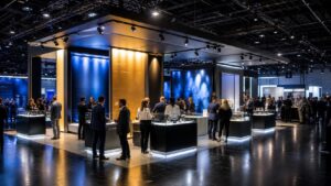 Professional trade show booth scene for Best Booth Lighting Setups for Maximum Brand Visibility