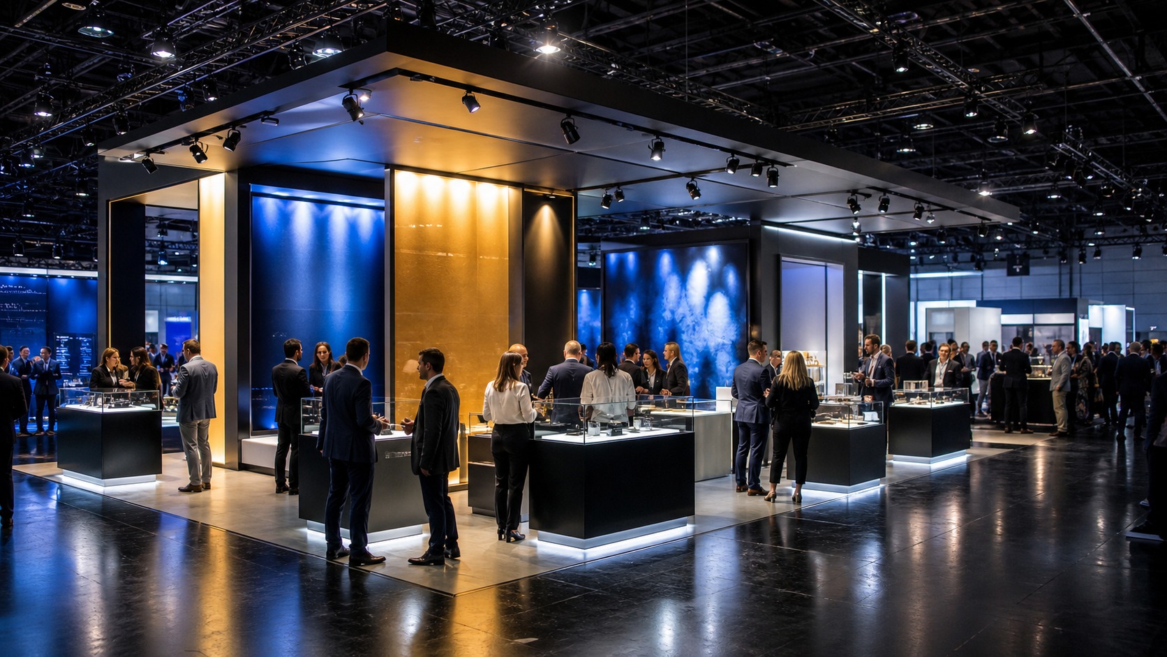 Professional trade show booth scene for Best Booth Lighting Setups for Maximum Brand Visibility