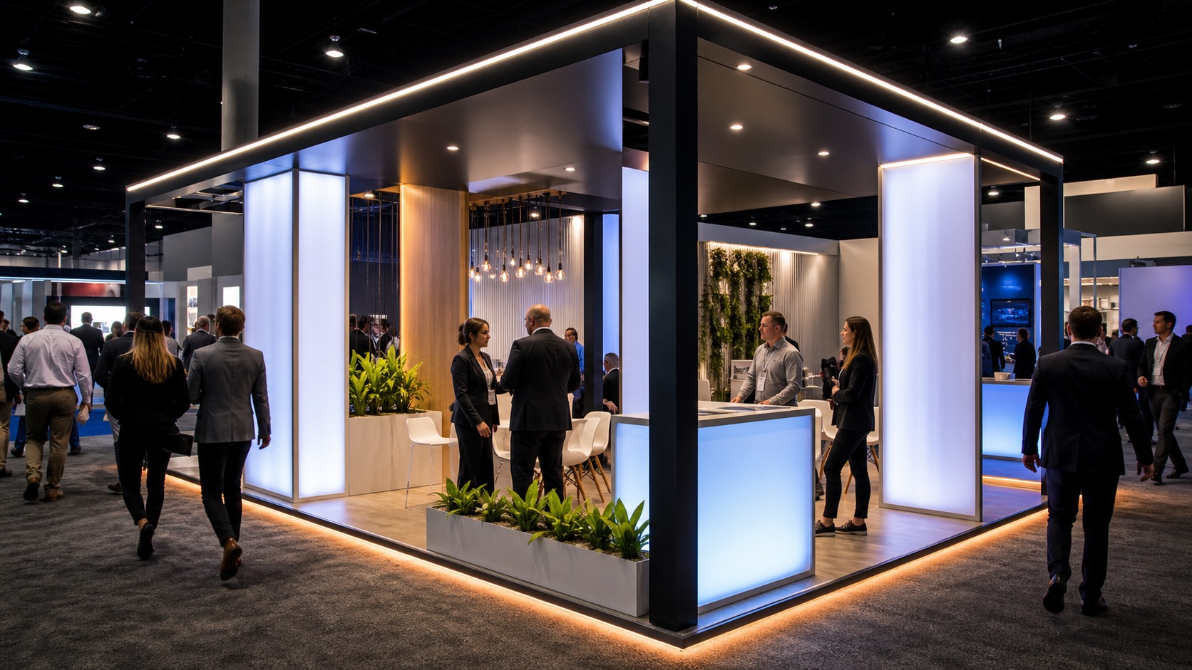 Professional trade show booth scene for How to Use LED Lighting to Make Your Booth Stand Out