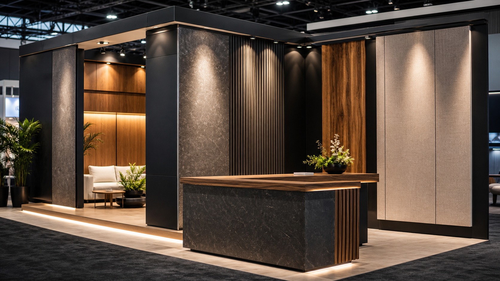 Professional trade show booth scene for Trade Show Booth Finishes: The Ultimate Guide to Materials, Textures & Impact