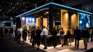 Professional trade show booth scene for Trade Show Lighting Ideas That Instantly Attract Crowds