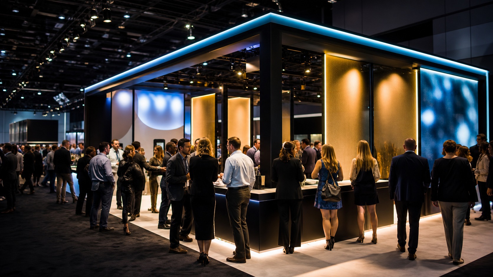 Professional trade show booth scene for Trade Show Lighting Ideas That Instantly Attract Crowds
