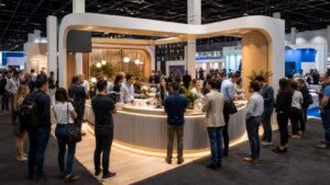Editorial trade show scene representing best social media strategies for trade show marketing success for exhibitors in social media campaigns