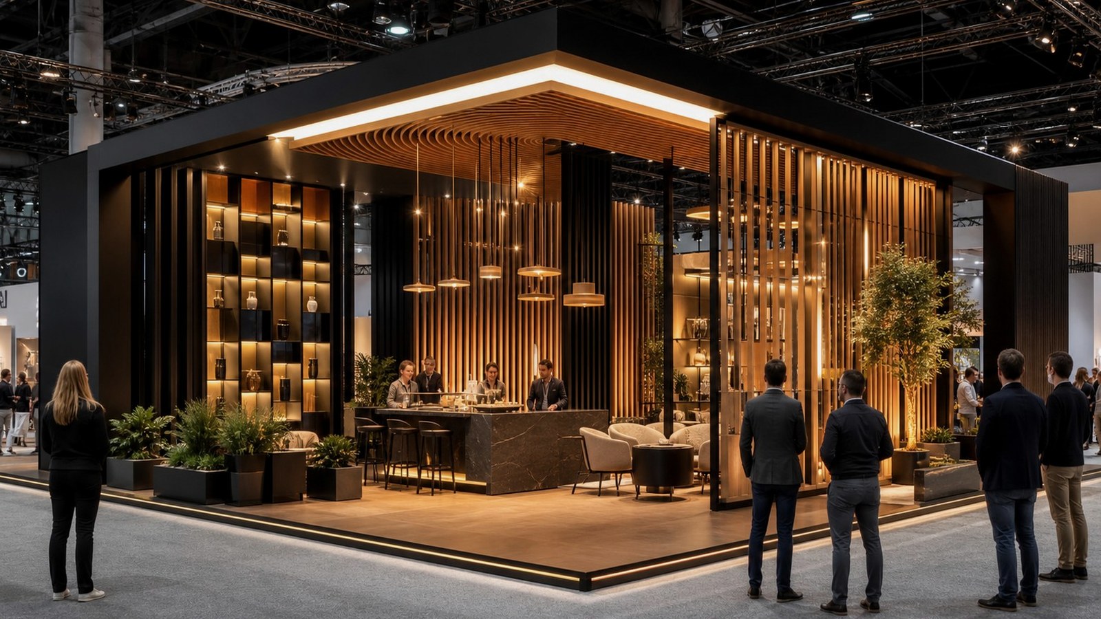 Editorial trade show scene representing how influencer collaborations can increase trade show booth traffic for exhibitors in influencer collaborations
