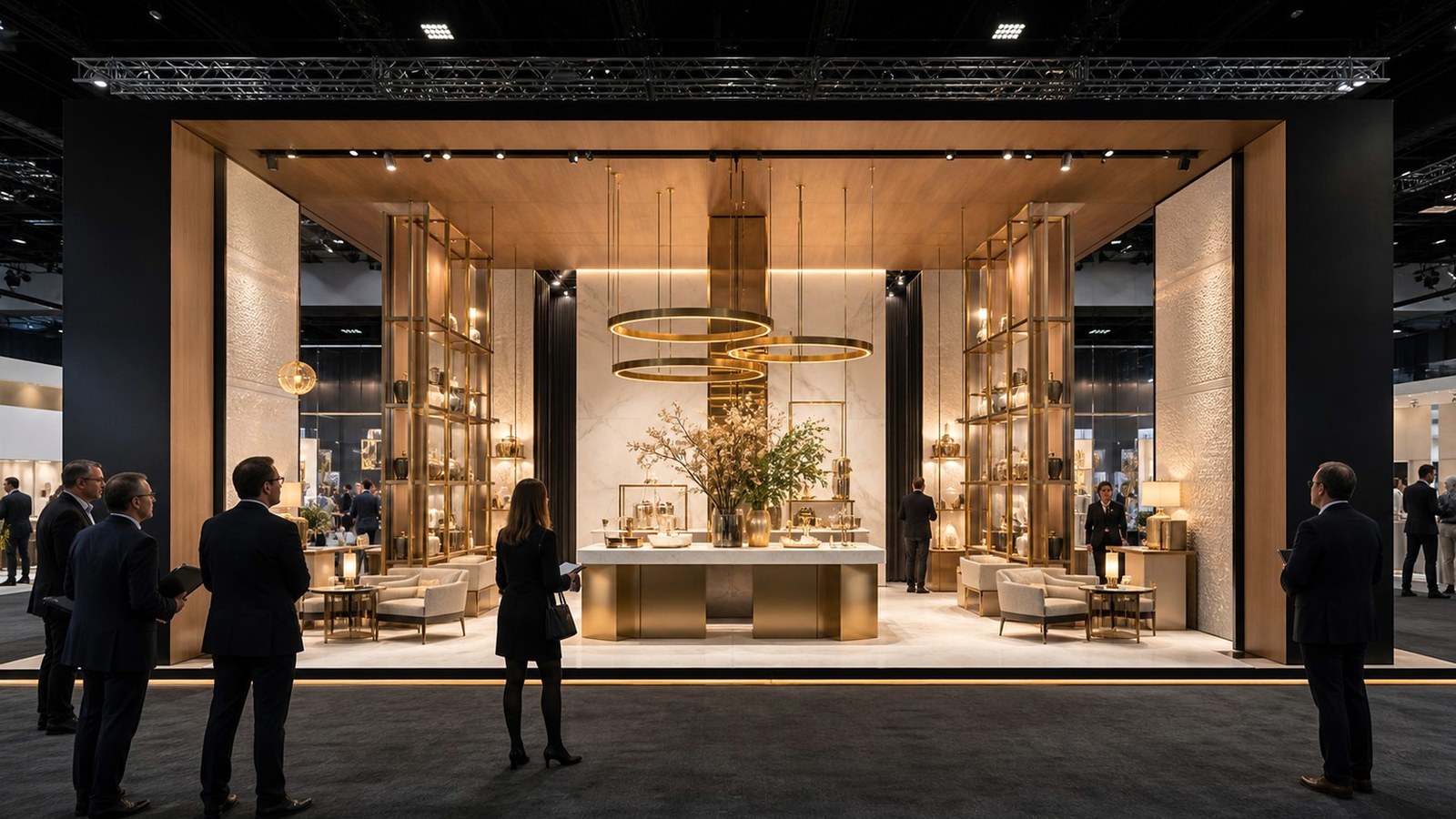 Editorial trade show scene representing how to craft a trade show elevator pitch that gets remembered for exhibitors in storytelling & messaging