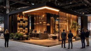 Dramatic custom trade show booth with polished lighting and attendees viewing from the aisle