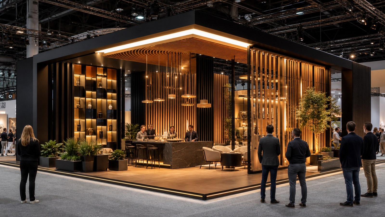 Dramatic custom trade show booth with polished lighting and attendees viewing from the aisle