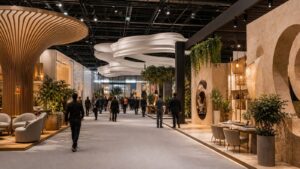 Editorial trade show scene representing trade show social media content ideas that increase engagement for exhibitors in social media campaigns
