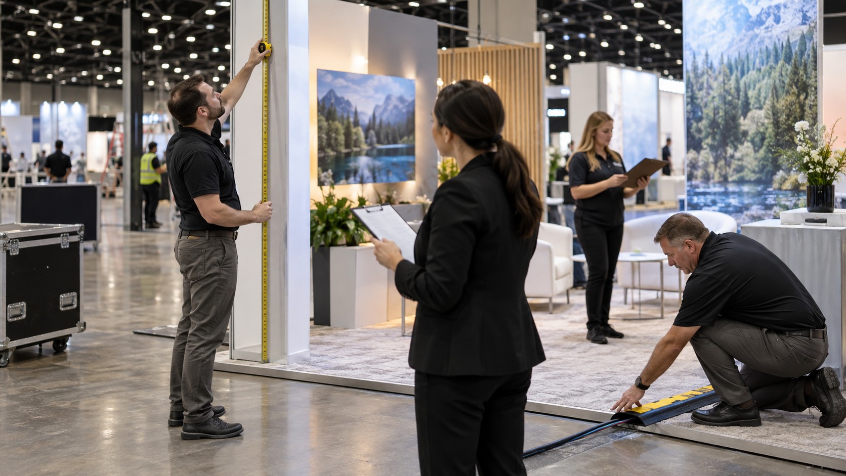 Trade show team working on exhibitor compliance checklist for trade shows, expos, and conventions in a convention booth setting