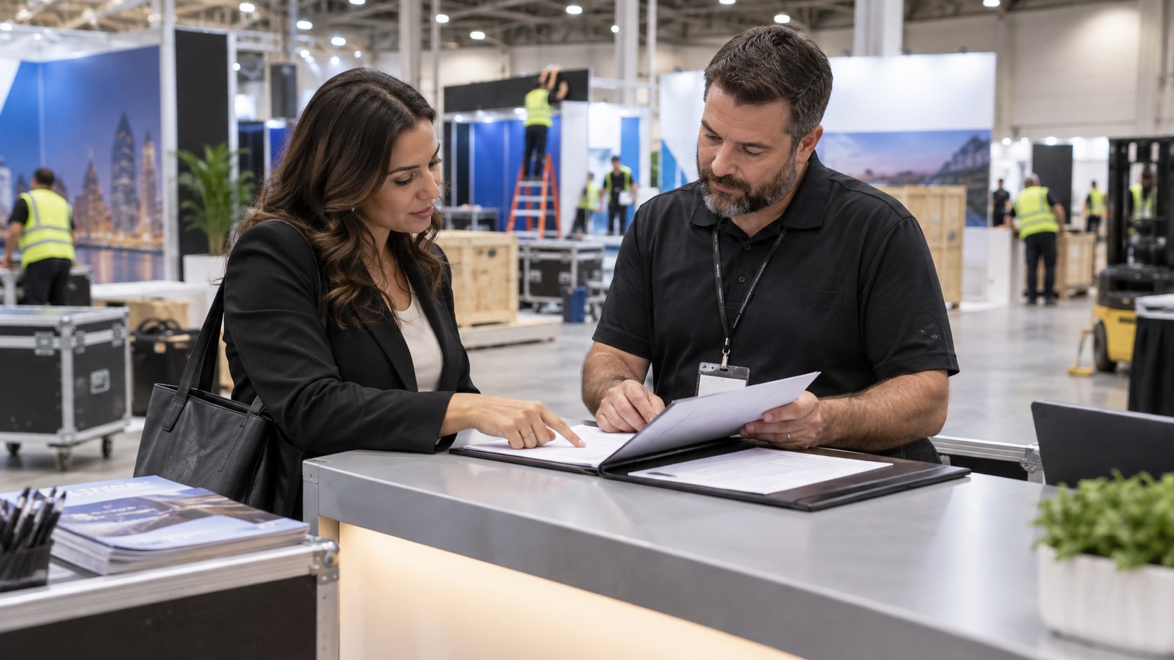 Trade show team working on exhibitor insurance requirements: what to know before a trade show in a convention booth setting