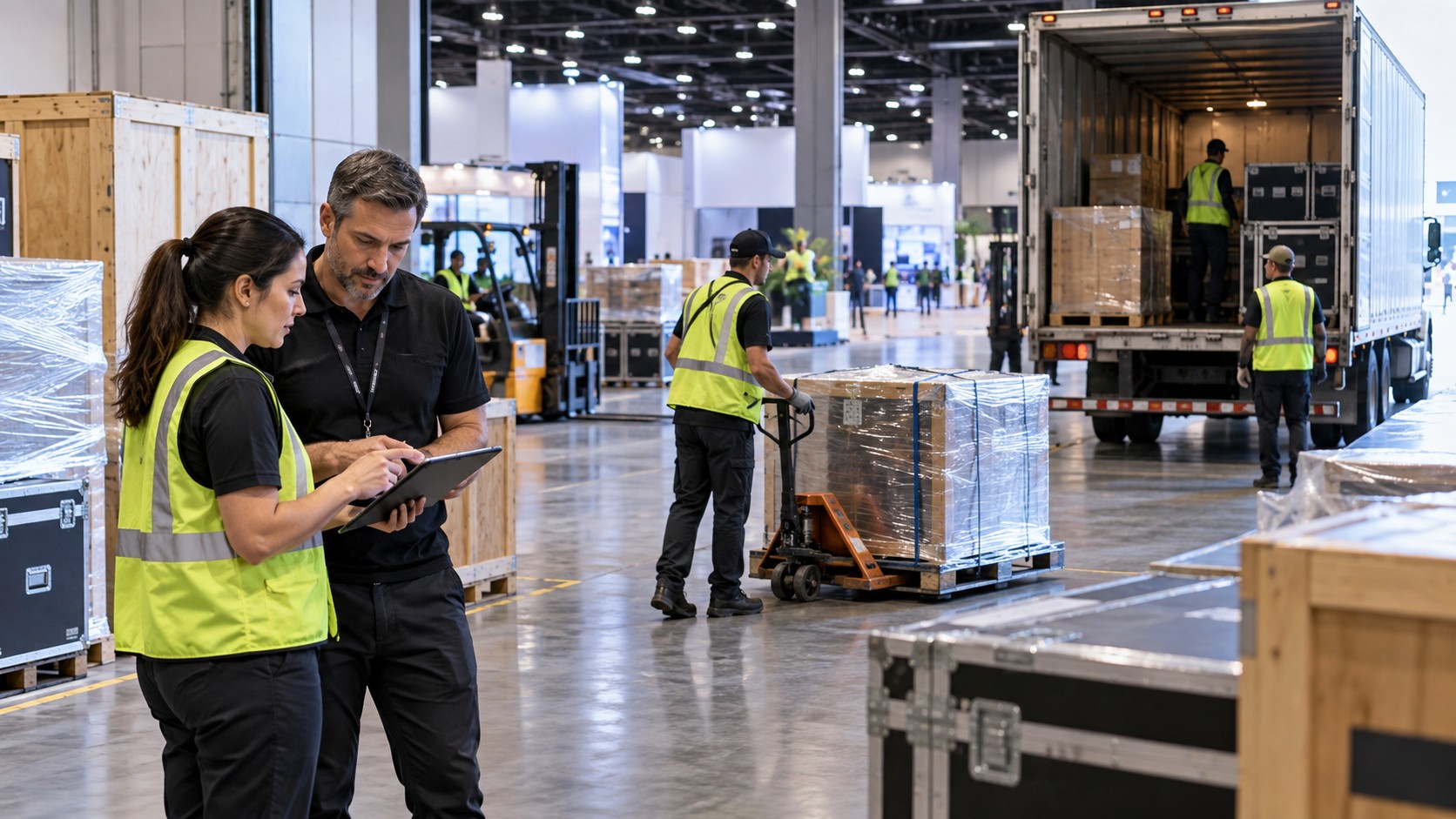 Trade show team working on freight management best practices that reduce costs and improve delivery speed in a convention booth setting
