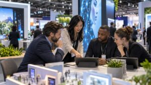 Trade show team working on how ai is changing trade show advertising in a convention booth setting