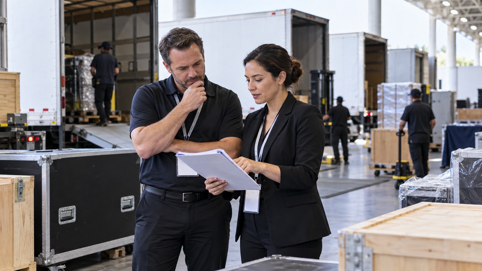 Trade show team working on how to choose the right freight carrier for your business in a convention booth setting