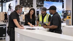 Trade show team working on how to coordinate trade show vendors without delays or cost surprises in a convention booth setting