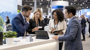 Trade show team reviewing leads and event performance at a booth counter