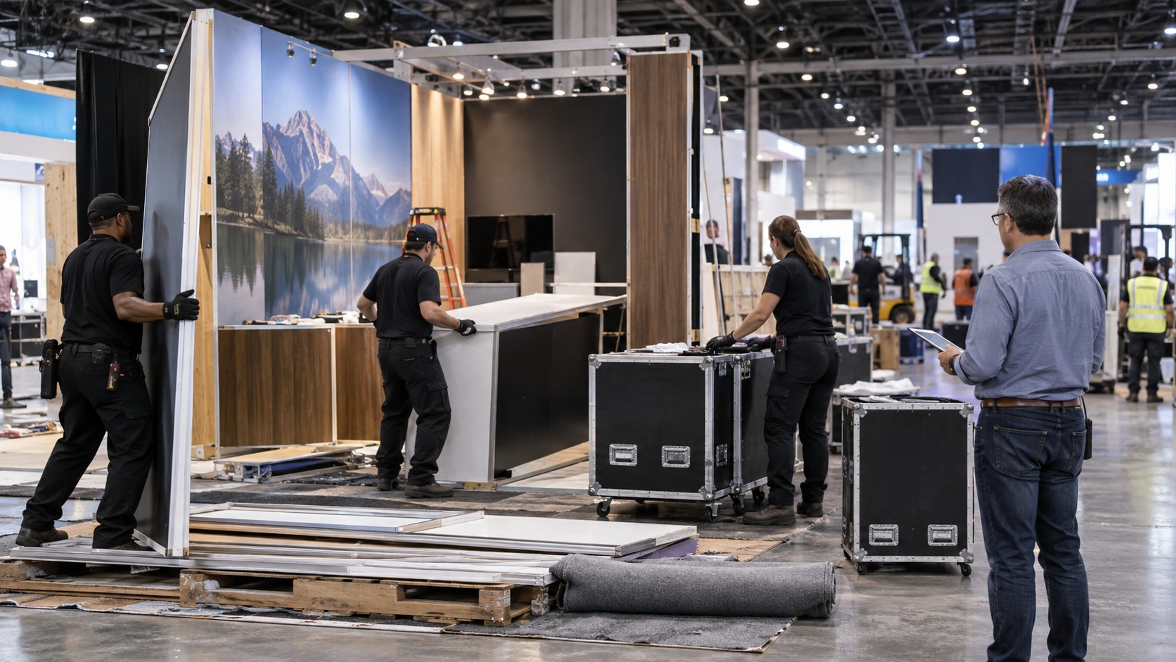 Trade show team working on how union labor rules affect trade show booth setup and dismantle in a convention booth setting