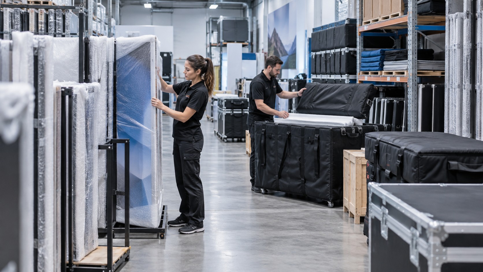 Trade show team working on international trade show shipping: customs documents exhibitors need in a convention booth setting