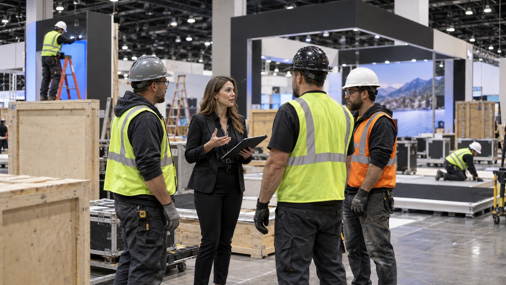 Trade show team working on labor and union rules for trade shows: a complete guide for exhibitors in a convention booth setting