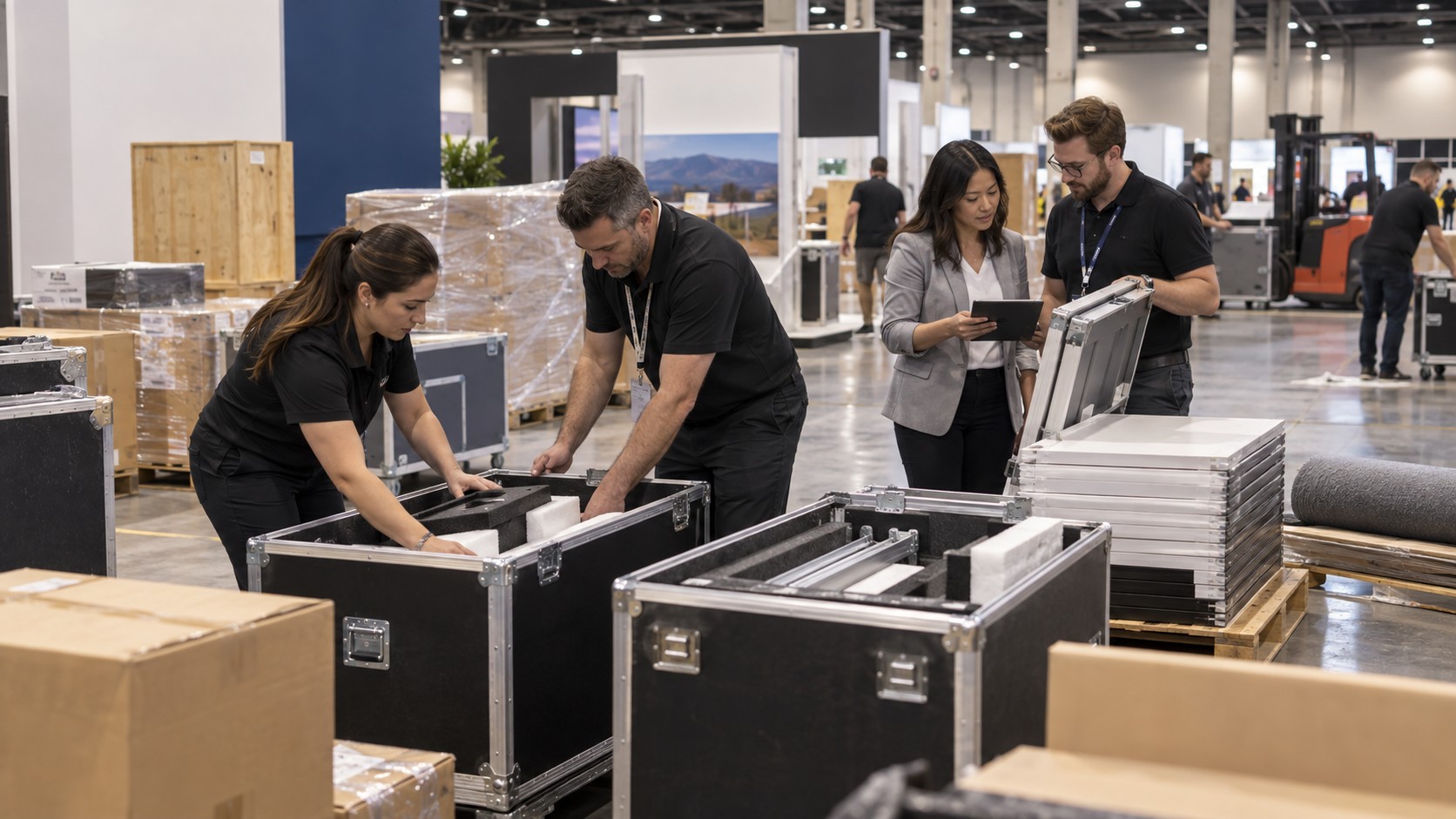 Trade show team working on shipping cost optimization: practical ways to lower freight expenses in a convention booth setting