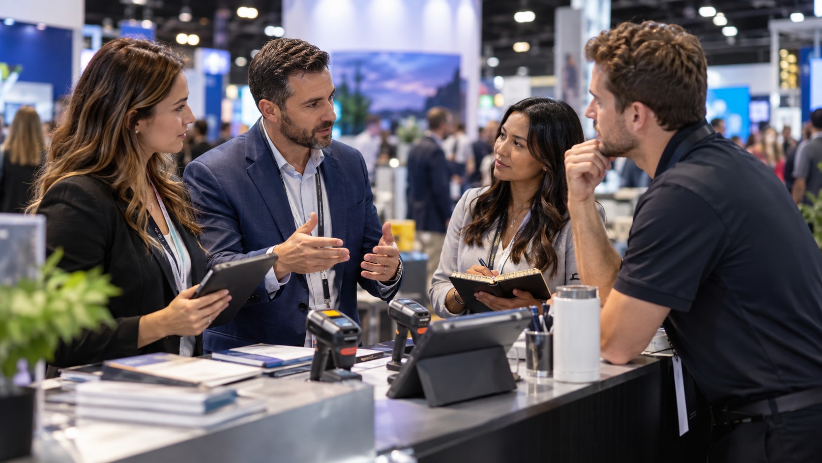 Trade show team working on the best kpis for measuring trade show success in a convention booth setting