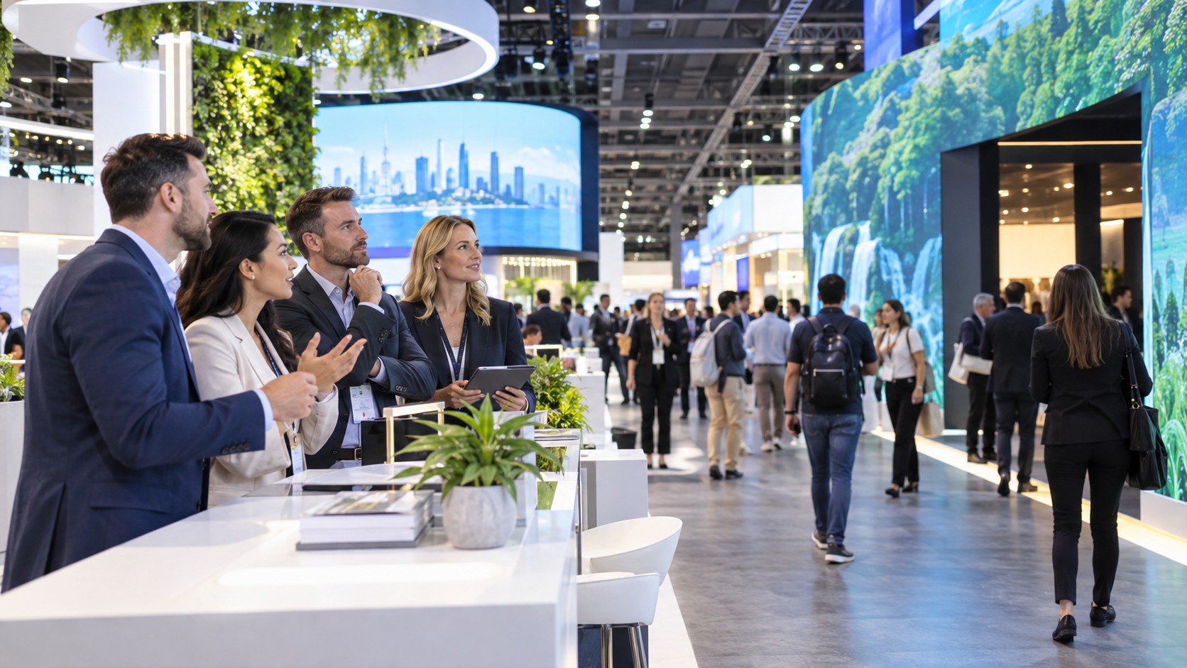 Trade show team working on the future of trade show advertising: trends every exhibitor should watch in a convention booth setting