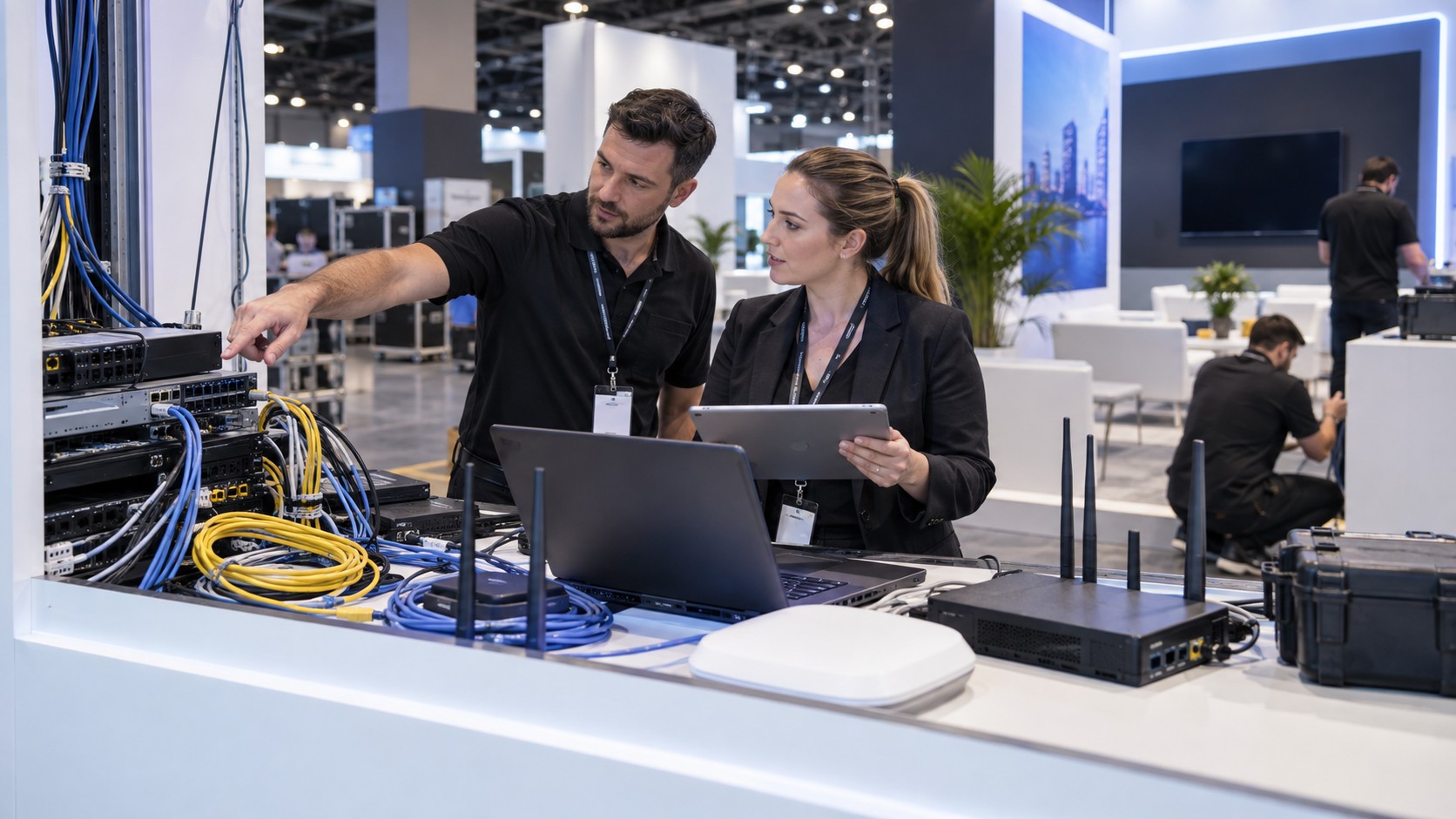 Trade show team working on trade show av equipment rentals: screens, speakers, lighting, and more in a convention booth setting