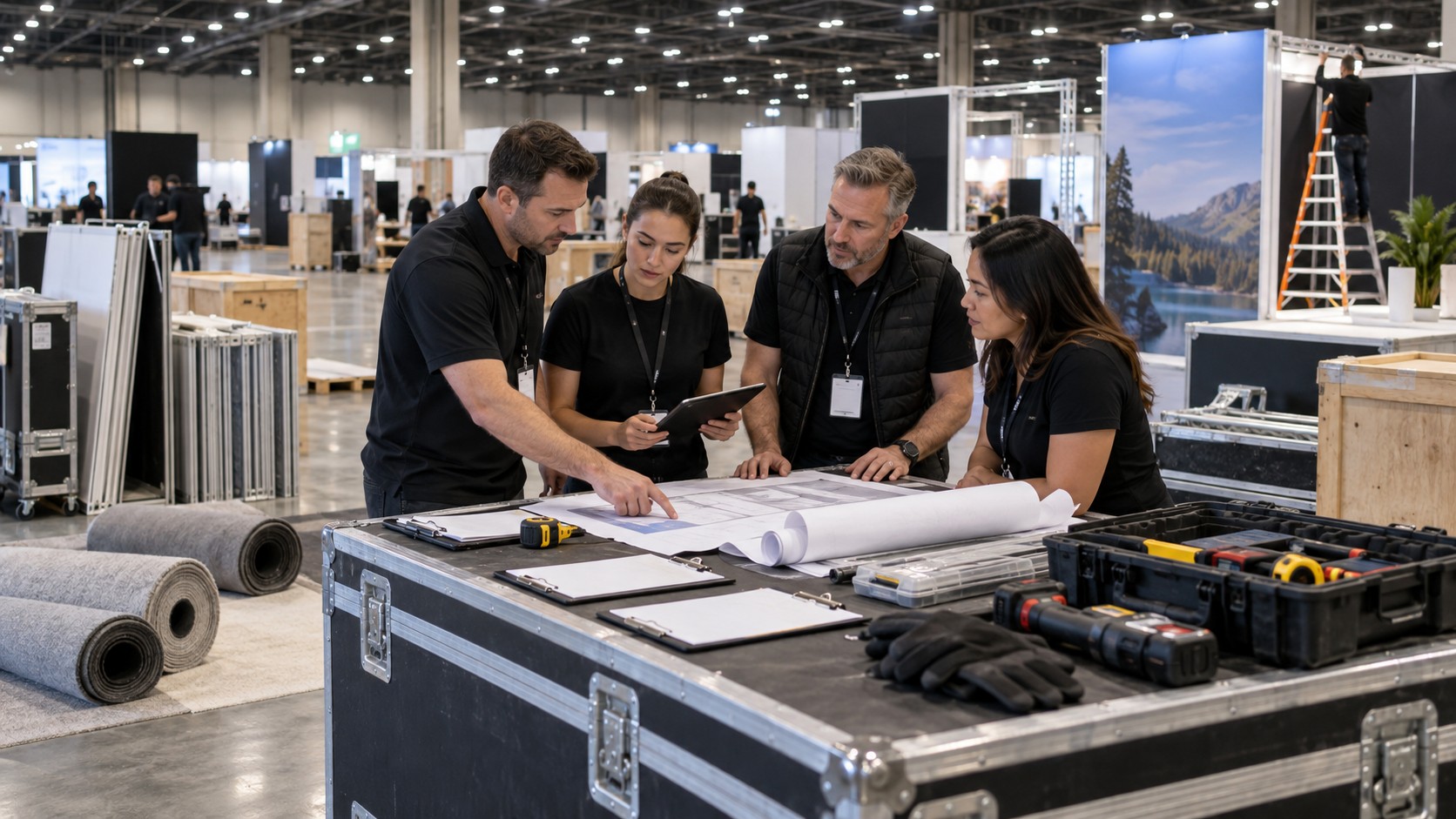 Trade show team working on trade show booth setup checklist: everything exhibitors need before move-in in a convention booth setting
