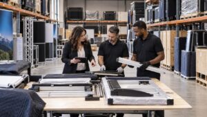 Trade show team working on trade show customs clearance: what international exhibitors need to know in a convention booth setting