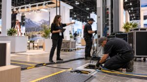 Trade show team working on trade show equipment rentals: a complete guide for exhibitors in a convention booth setting