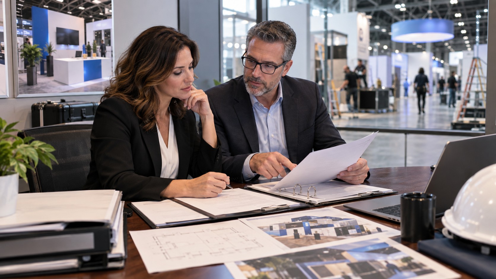 Trade show team working on trade show insurance and liability: a complete guide for exhibitors in a convention booth setting