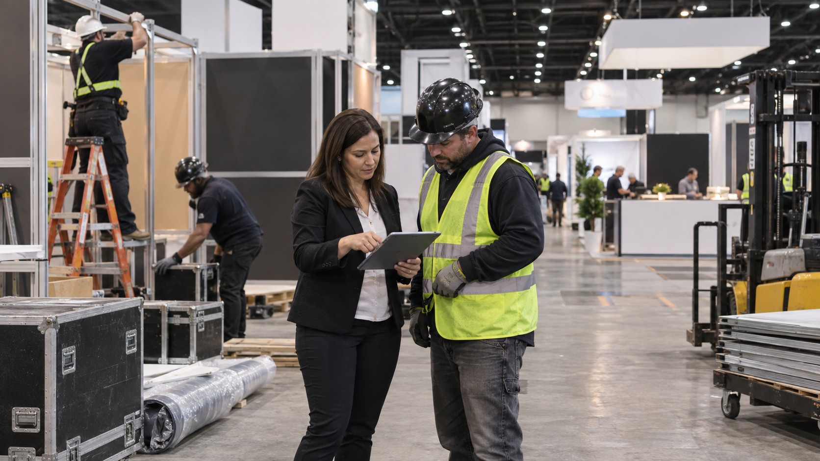 Trade show team working on trade show labor rules explained: costs, restrictions, and compliance tips in a convention booth setting