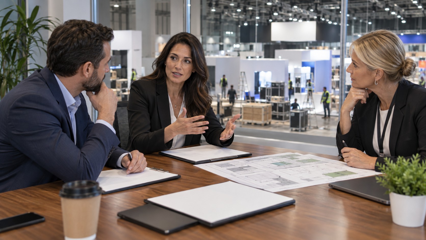 Trade show team working on trade show liability insurance explained: coverage, costs, and requirements in a convention booth setting