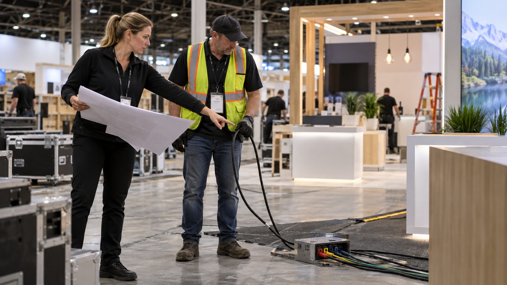 Trade show team working on trade show rental equipment checklist for exhibitors in a convention booth setting