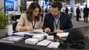 Trade show team working on trade show roi formula explained with real examples in a convention booth setting