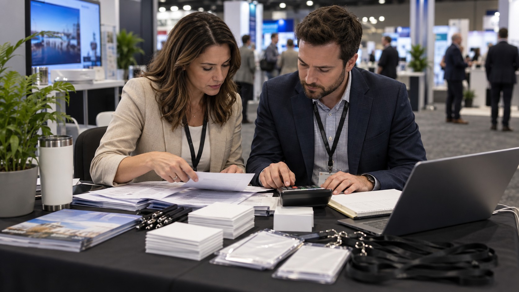 Trade show team working on trade show roi formula explained with real examples in a convention booth setting