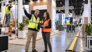 Trade show team working on trade show safety and compliance: a complete guide for exhibitors in a convention booth setting