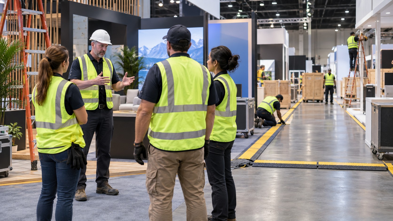 Trade show team working on trade show safety rules every exhibitor needs to know in a convention booth setting