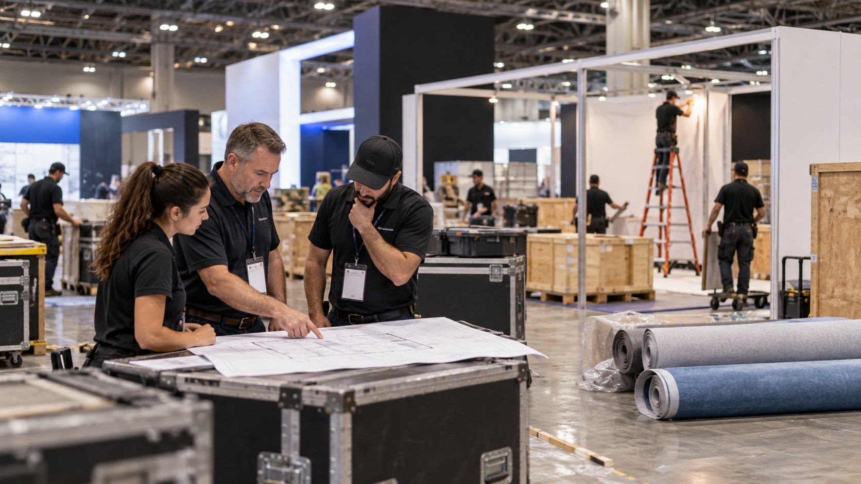 Trade show team working on trade show setup and teardown: a complete guide for exhibitors in a convention booth setting