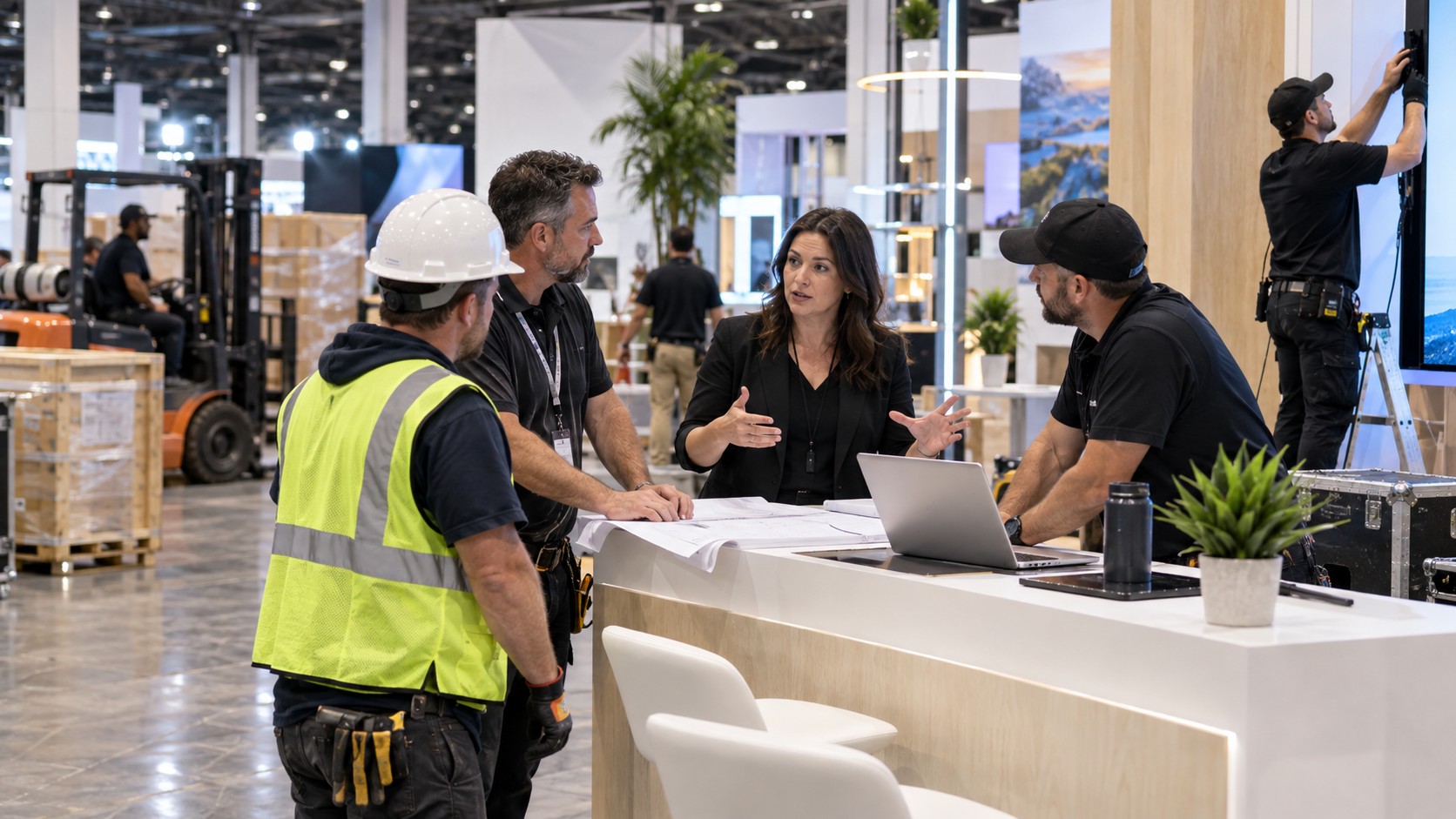 Trade show team working on trade show vendor coordination: a complete guide for exhibitors in a convention booth setting