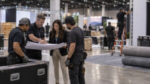Trade show team working on trade show vendor management checklist for exhibitors in a convention booth setting