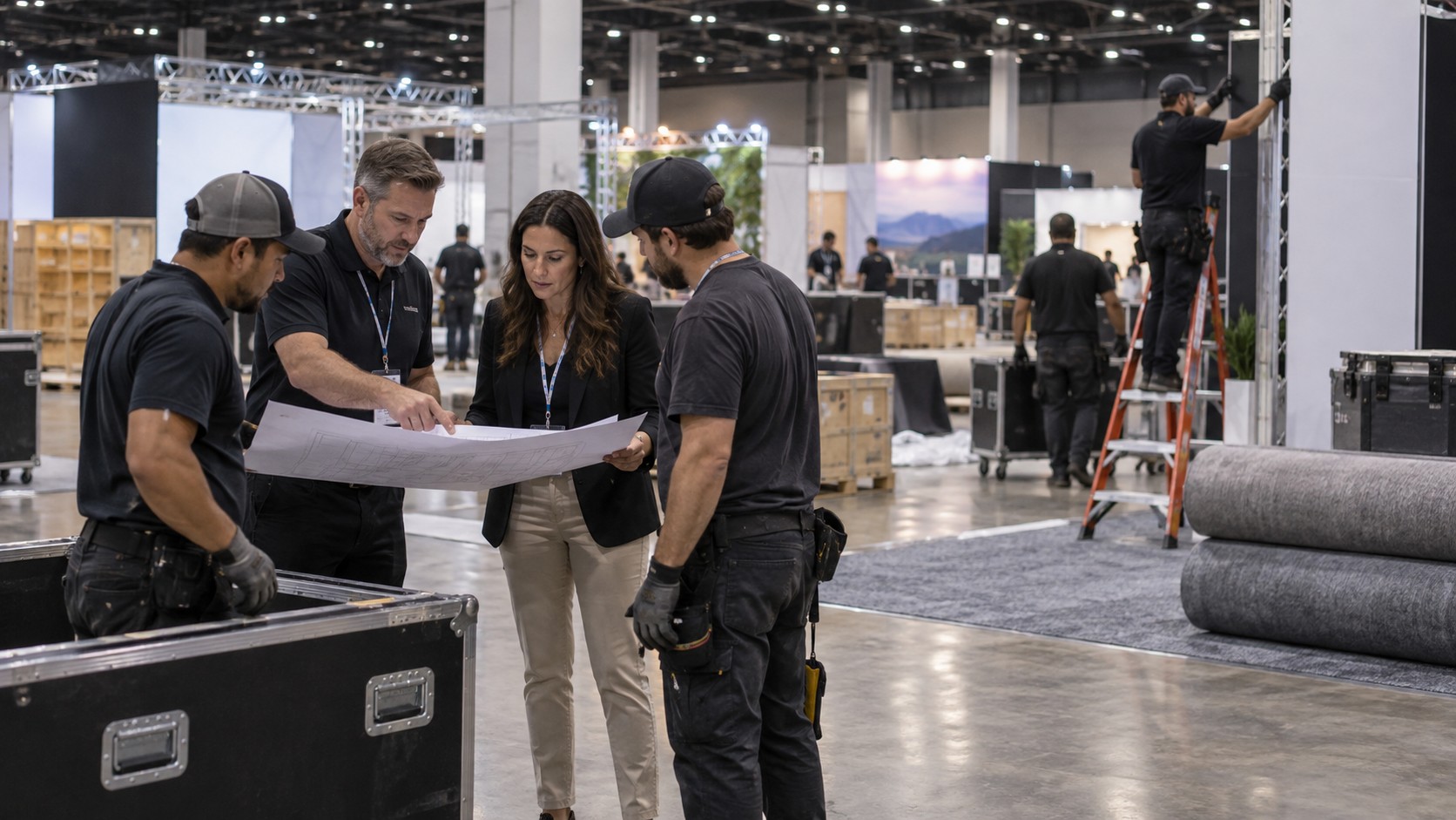 Trade show team working on trade show vendor management checklist for exhibitors in a convention booth setting