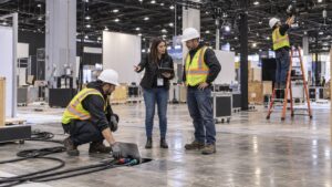 Trade show team working on what equipment can you rent for a trade show booth? in a convention booth setting