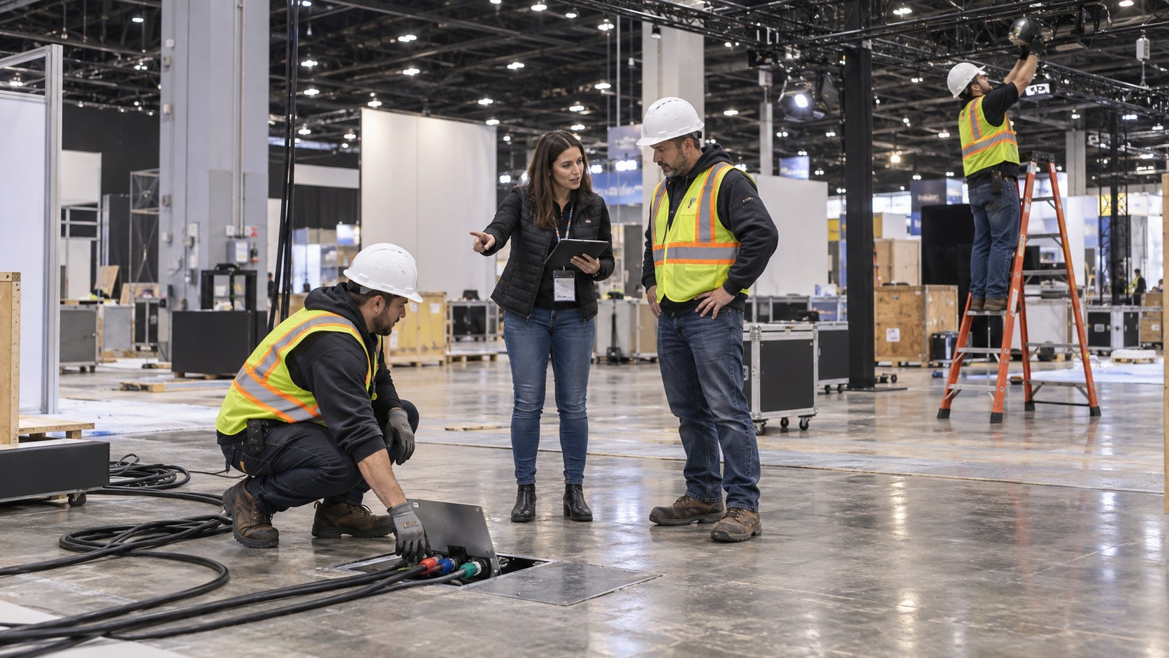 Trade show team working on what equipment can you rent for a trade show booth? in a convention booth setting