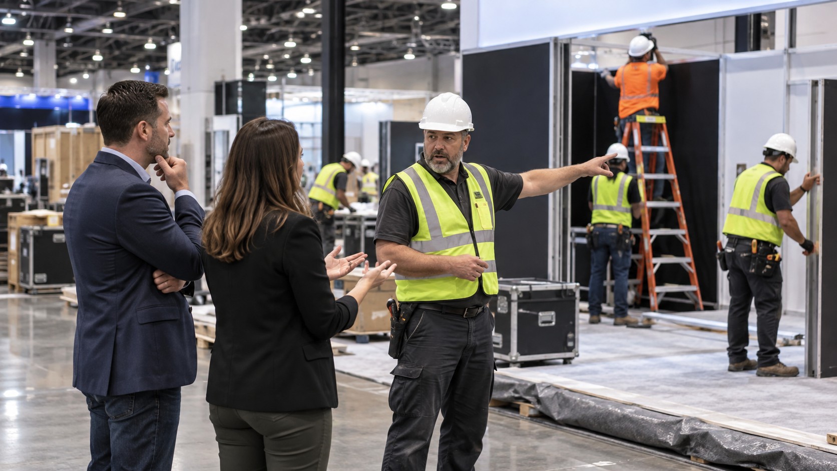 Trade show team working on what exhibitors need to know about trade show union labor rules in a convention booth setting