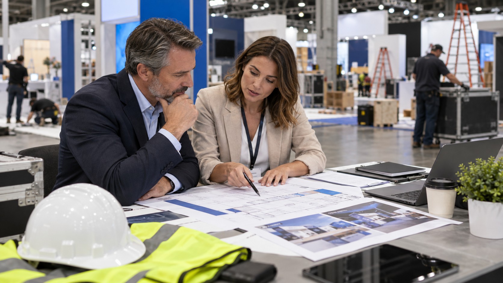 Trade show team working on what insurance do exhibitors need for trade shows? in a convention booth setting