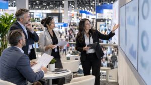 Trade show team working on what is a good trade show roi? industry benchmarks in a convention booth setting