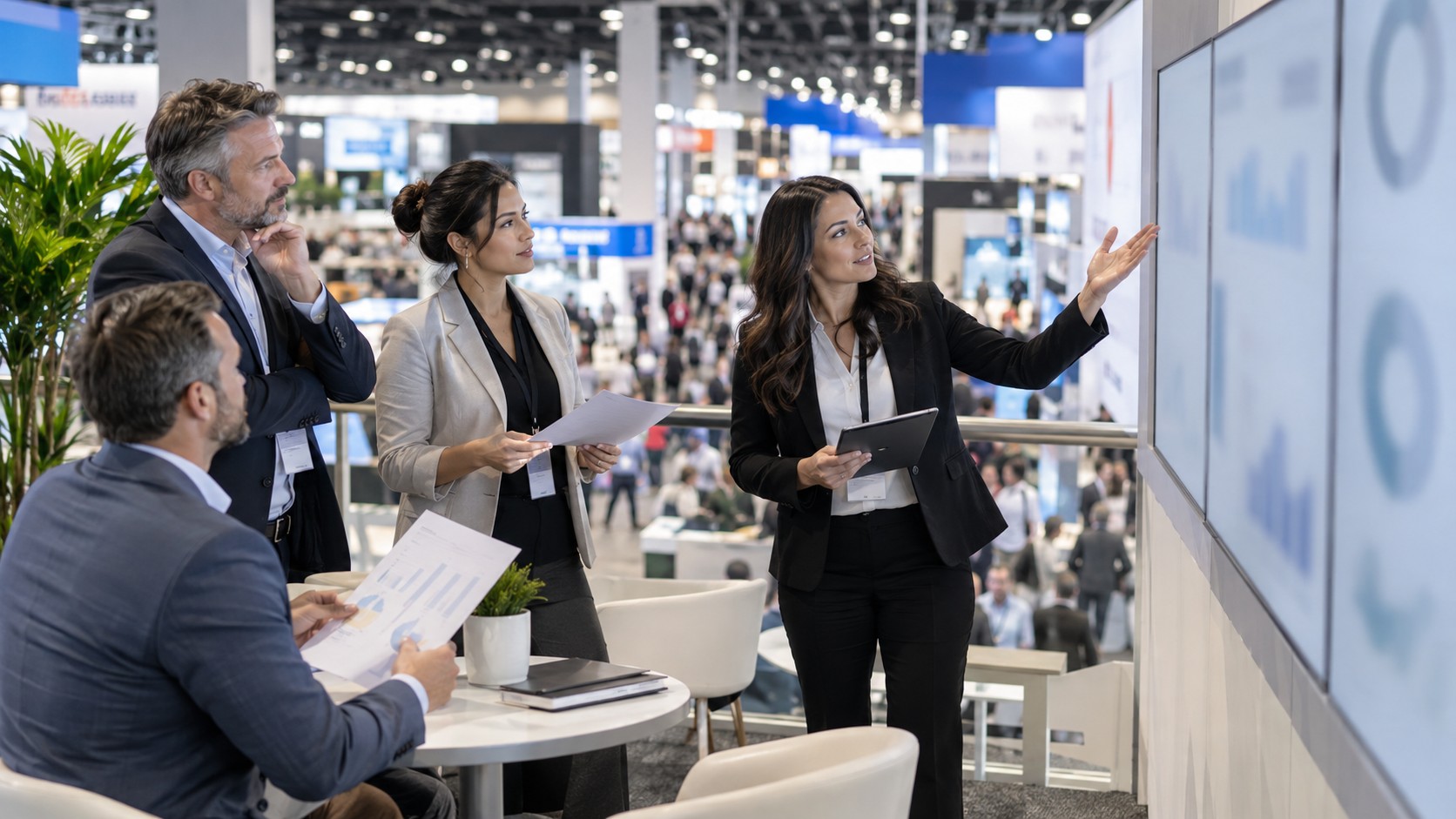 Trade show team working on what is a good trade show roi? industry benchmarks in a convention booth setting