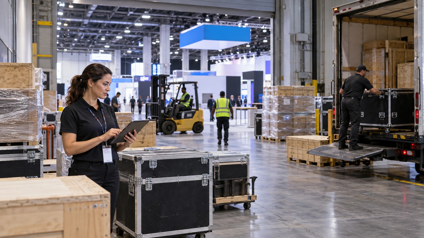 Trade show team working on what is shipping and freight management? a complete guide for modern businesses in a convention booth setting