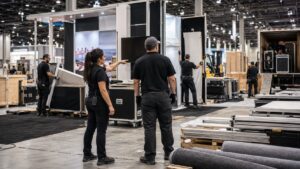 Trade show team working on what vendors do you need for a successful trade show booth? in a convention booth setting