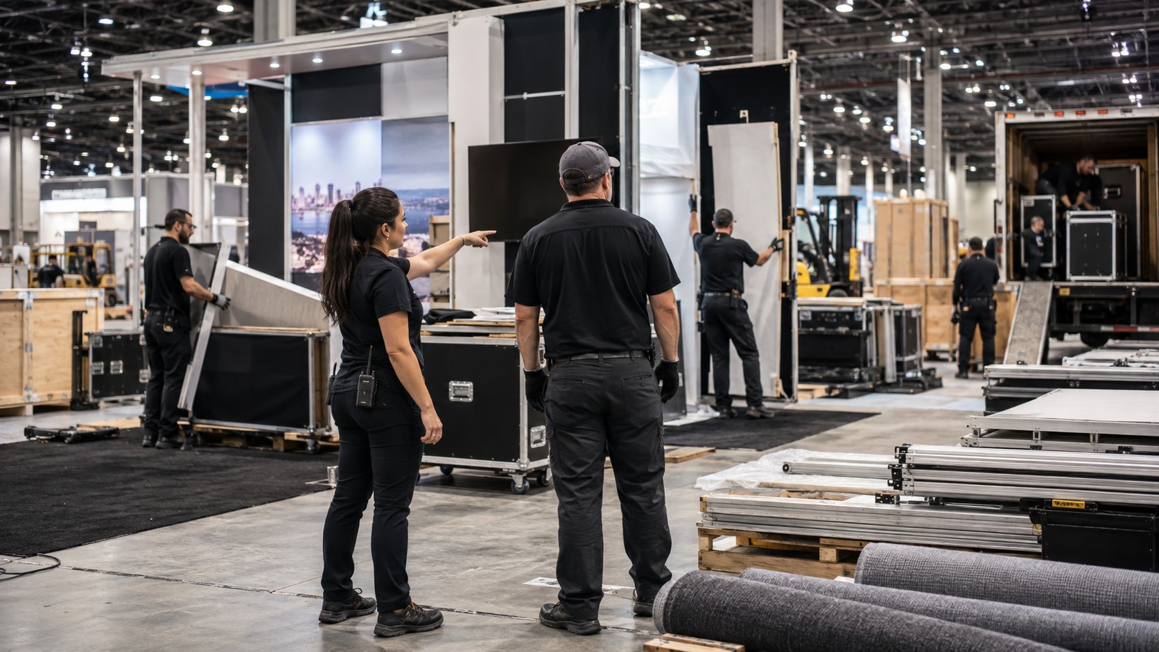 Trade show team working on what vendors do you need for a successful trade show booth? in a convention booth setting